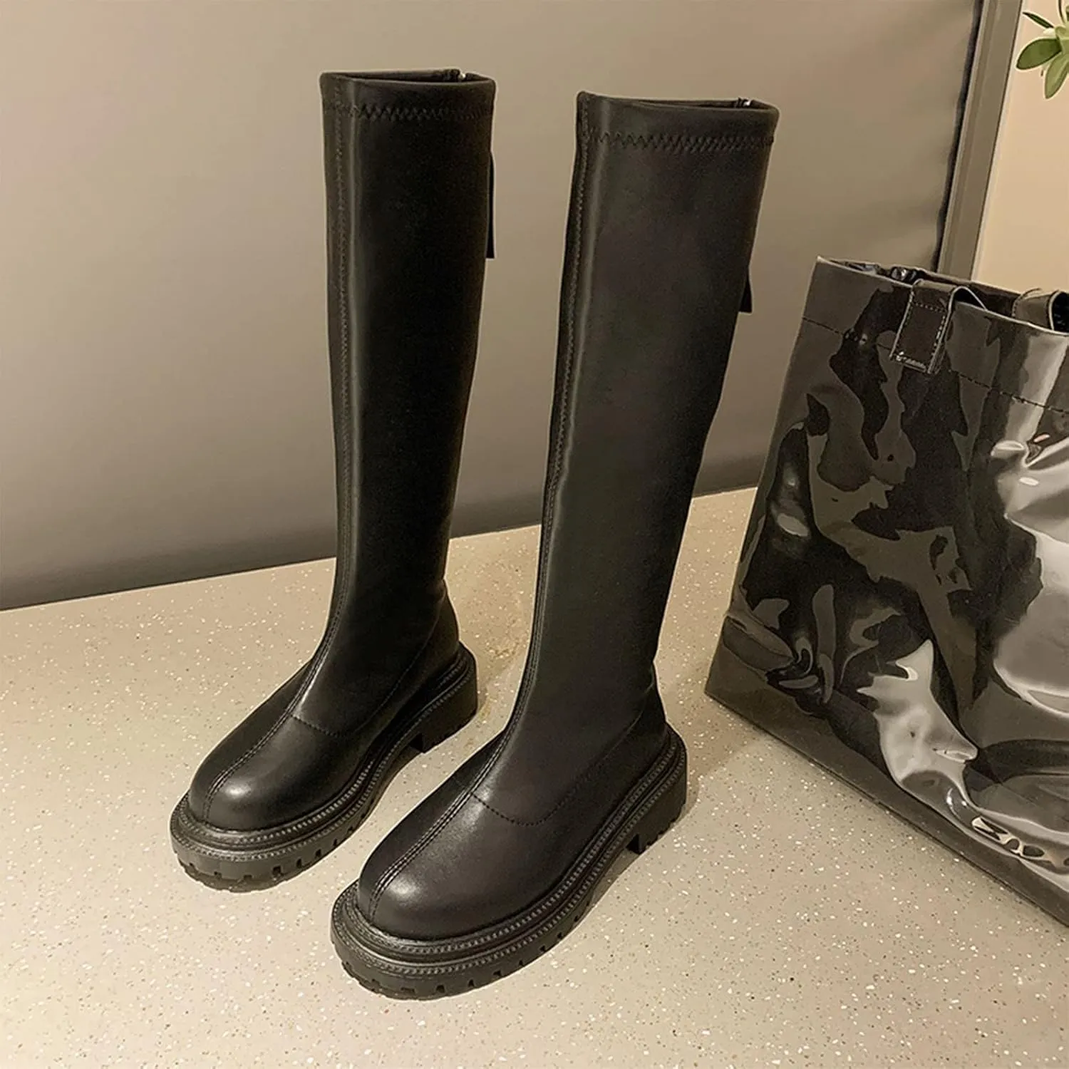 ZBYY Women's Knee High Boot,Wide Calf Comfortable Winter Knee High Riding Boots Chunky Low Heel Chelsea Zipper Mid Calf Boots