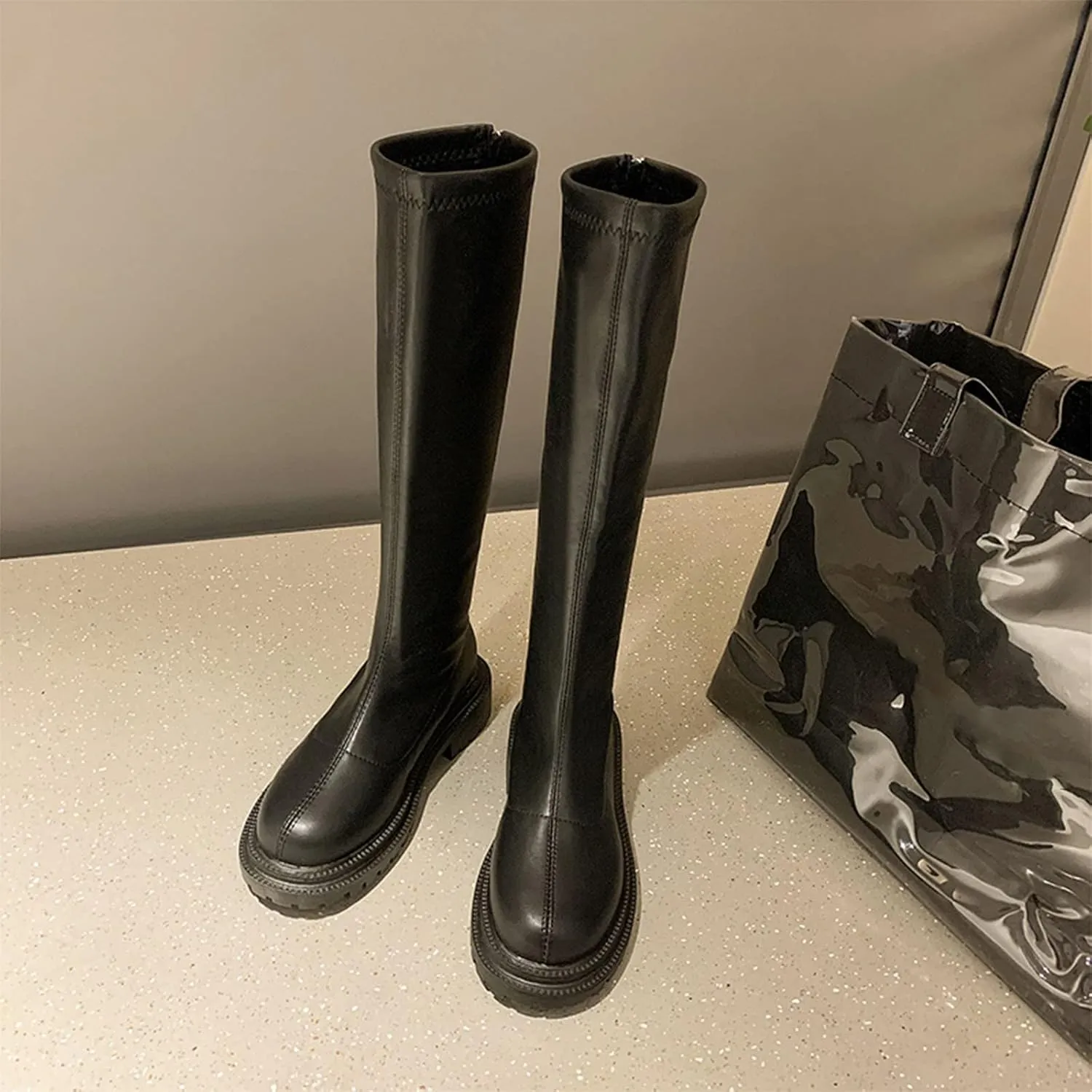 ZBYY Women's Knee High Boot,Wide Calf Comfortable Winter Knee High Riding Boots Chunky Low Heel Chelsea Zipper Mid Calf Boots
