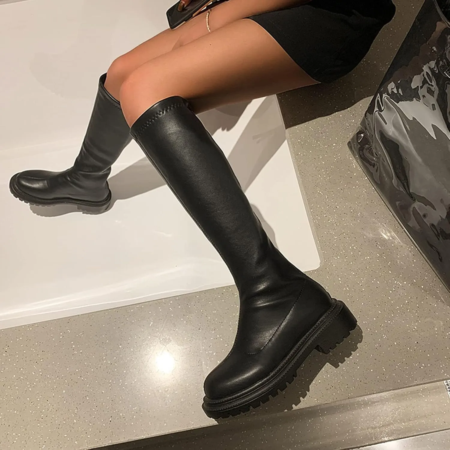 ZBYY Women's Knee High Boot,Wide Calf Comfortable Winter Knee High Riding Boots Chunky Low Heel Chelsea Zipper Mid Calf Boots
