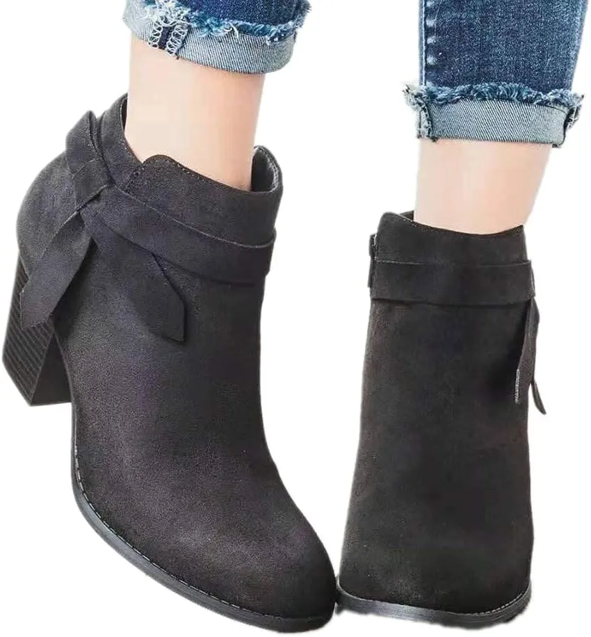 ZBYY Womens Pointed Toe Stacked Mid Heel Ankle Boots Side Zipper Faux Booties Chunky Heels Short Western Shoes