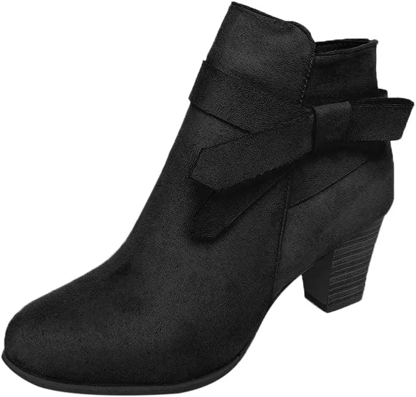 ZBYY Womens Pointed Toe Stacked Mid Heel Ankle Boots Side Zipper Faux Booties Chunky Heels Short Western Shoes