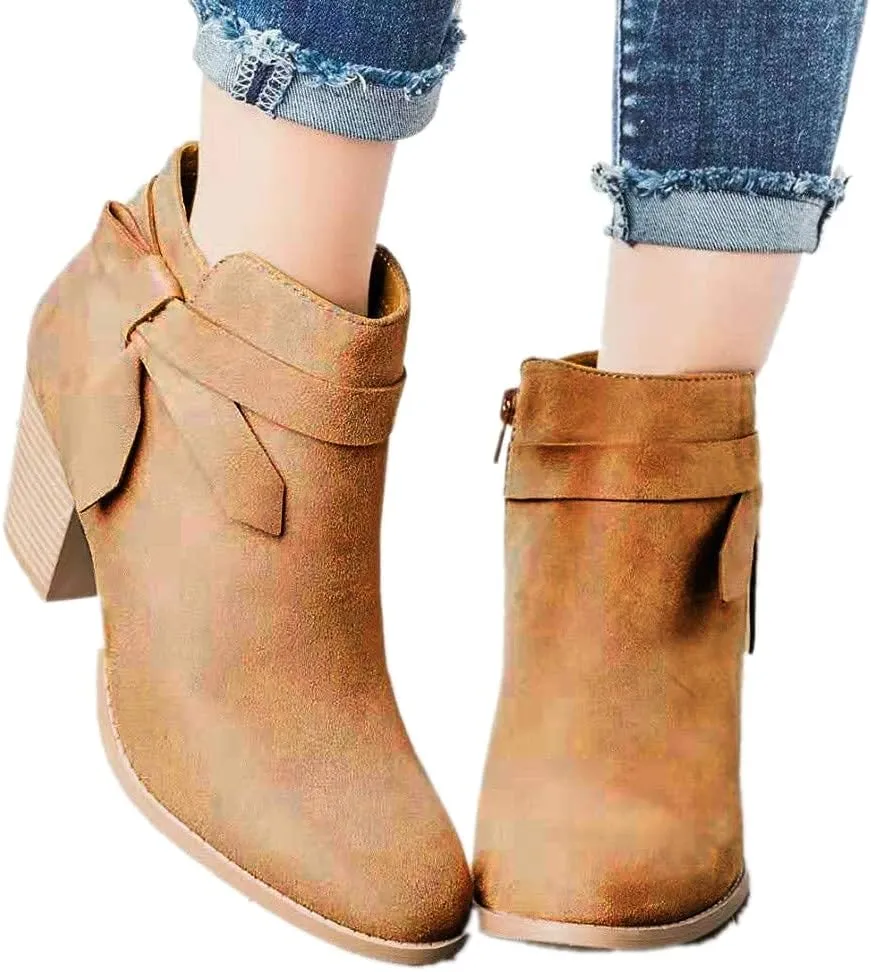 ZBYY Womens Pointed Toe Stacked Mid Heel Ankle Boots Side Zipper Faux Booties Chunky Heels Short Western Shoes