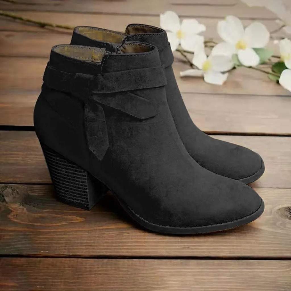 ZBYY Womens Pointed Toe Stacked Mid Heel Ankle Boots Side Zipper Faux Booties Chunky Heels Short Western Shoes