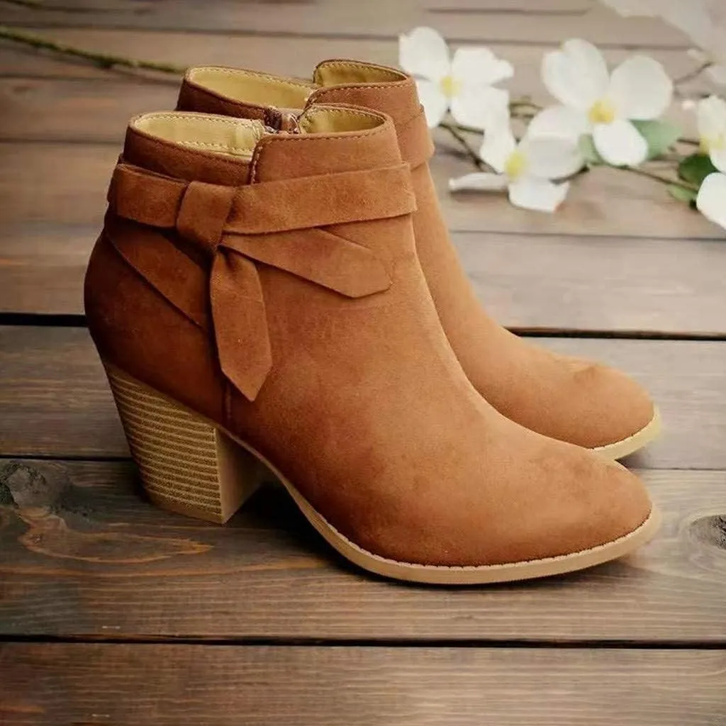ZBYY Womens Pointed Toe Stacked Mid Heel Ankle Boots Side Zipper Faux Booties Chunky Heels Short Western Shoes