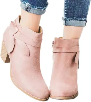 ZBYY Womens Pointed Toe Stacked Mid Heel Ankle Boots Side Zipper Faux Booties Chunky Heels Short Western Shoes