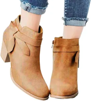 ZBYY Womens Pointed Toe Stacked Mid Heel Ankle Boots Side Zipper Faux Booties Chunky Heels Short Western Shoes