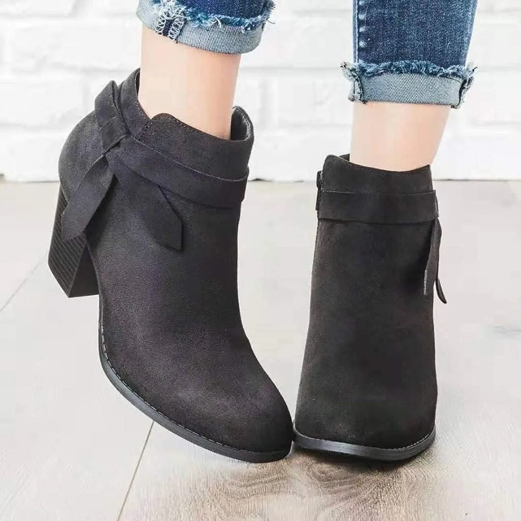 ZBYY Womens Pointed Toe Stacked Mid Heel Ankle Boots Side Zipper Faux Booties Chunky Heels Short Western Shoes