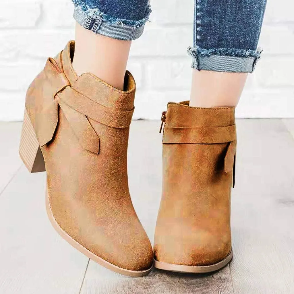 ZBYY Womens Pointed Toe Stacked Mid Heel Ankle Boots Side Zipper Faux Booties Chunky Heels Short Western Shoes