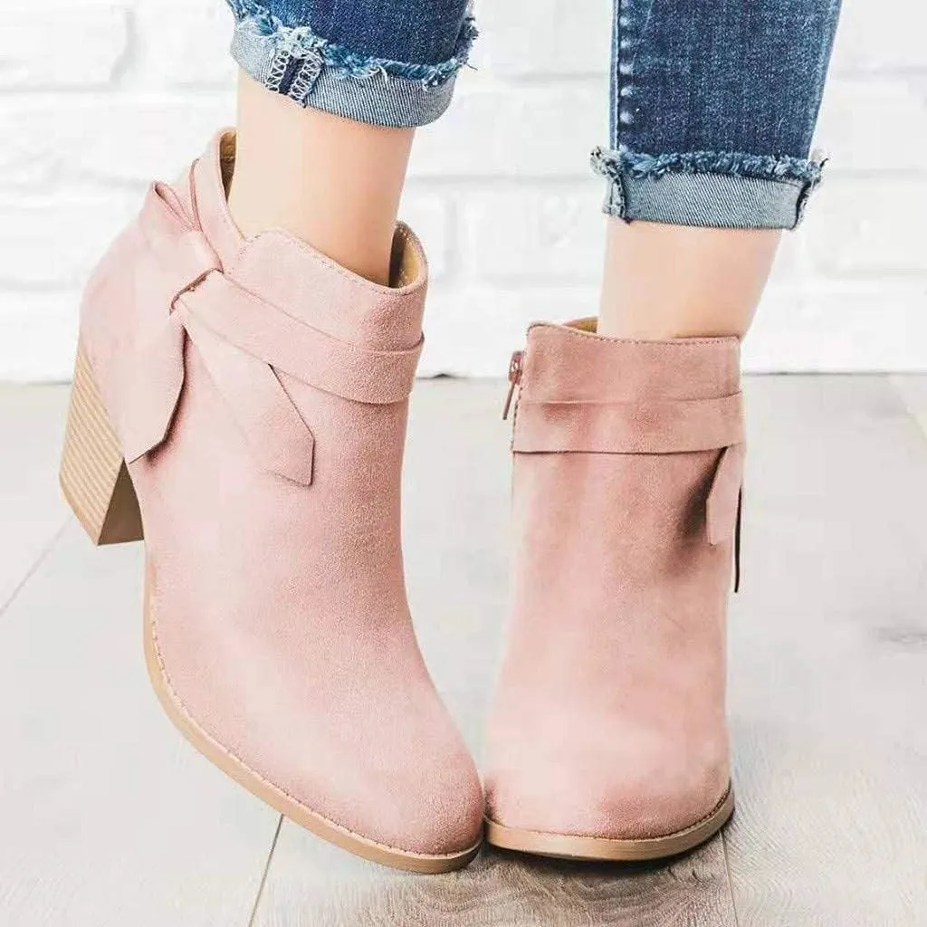 ZBYY Womens Pointed Toe Stacked Mid Heel Ankle Boots Side Zipper Faux Booties Chunky Heels Short Western Shoes