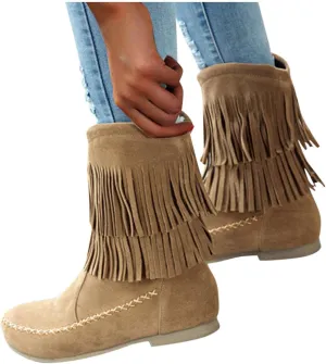 ZBYY Womens Suede Fringe Ankle Boots,Fashion Closed Toe Mid Calf Knee High Flat Dress Tassel Cowboy Short Booties