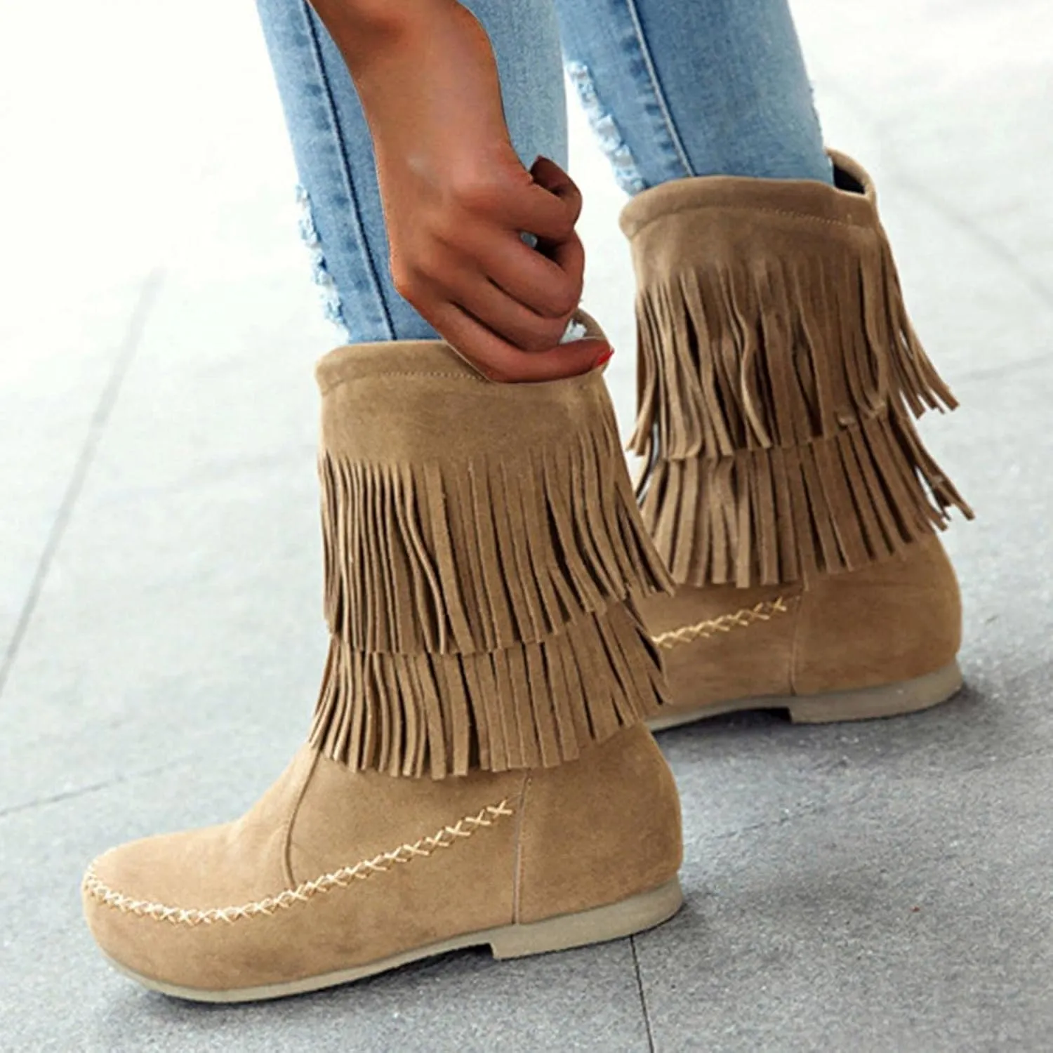 ZBYY Womens Suede Fringe Ankle Boots,Fashion Closed Toe Mid Calf Knee High Flat Dress Tassel Cowboy Short Booties