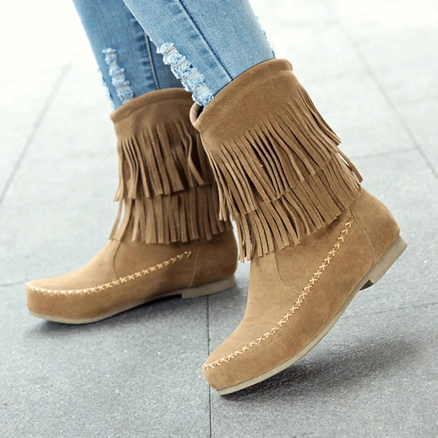 ZBYY Womens Suede Fringe Ankle Boots,Fashion Closed Toe Mid Calf Knee High Flat Dress Tassel Cowboy Short Booties