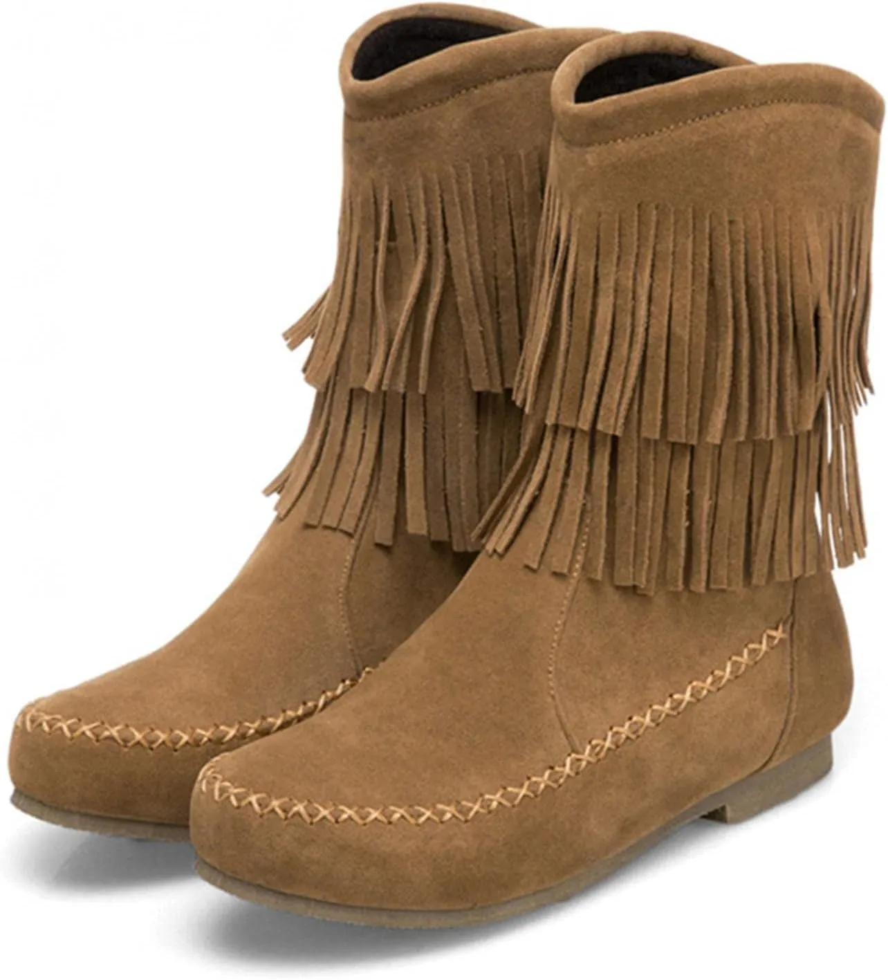 ZBYY Womens Suede Fringe Ankle Boots,Fashion Closed Toe Mid Calf Knee High Flat Dress Tassel Cowboy Short Booties
