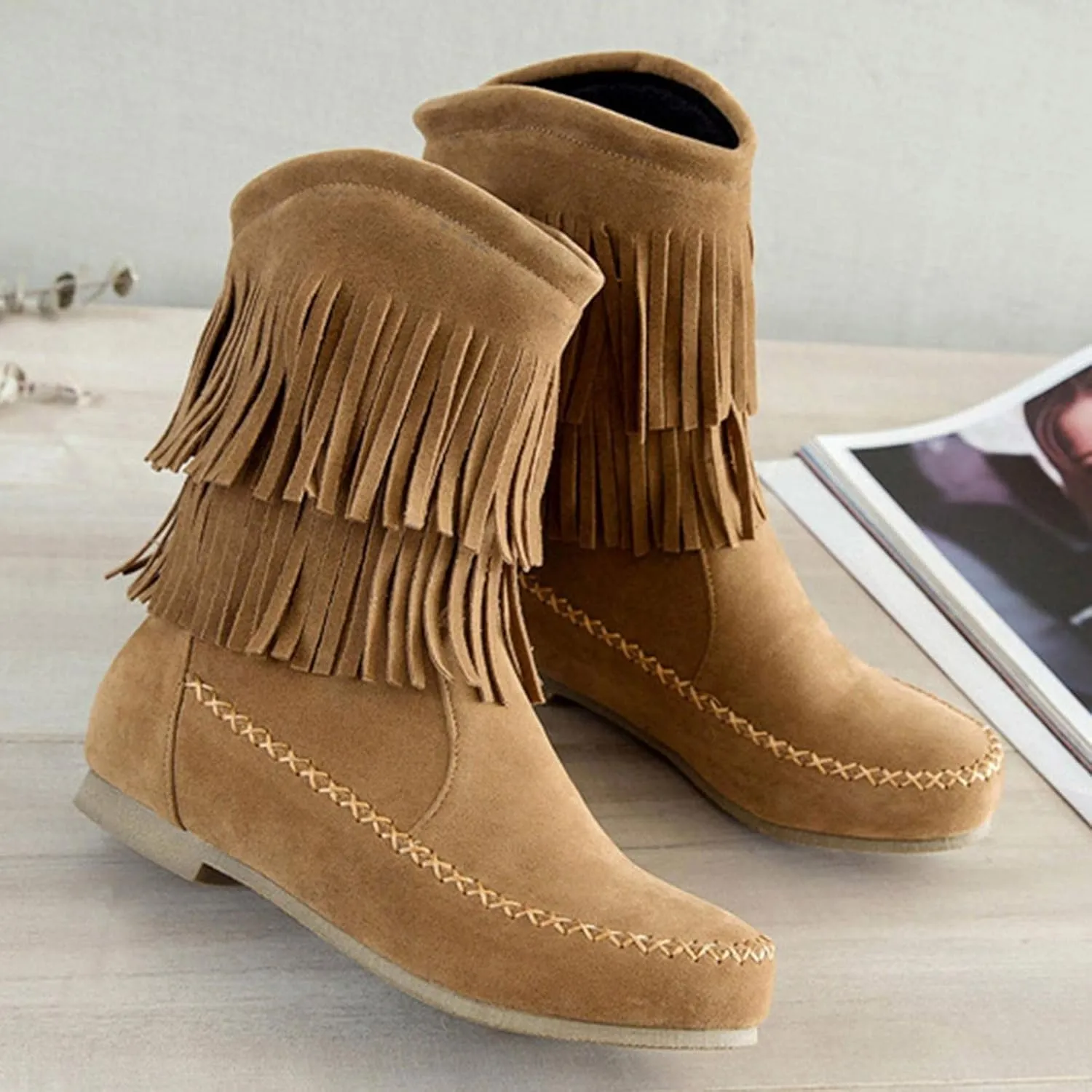 ZBYY Womens Suede Fringe Ankle Boots,Fashion Closed Toe Mid Calf Knee High Flat Dress Tassel Cowboy Short Booties